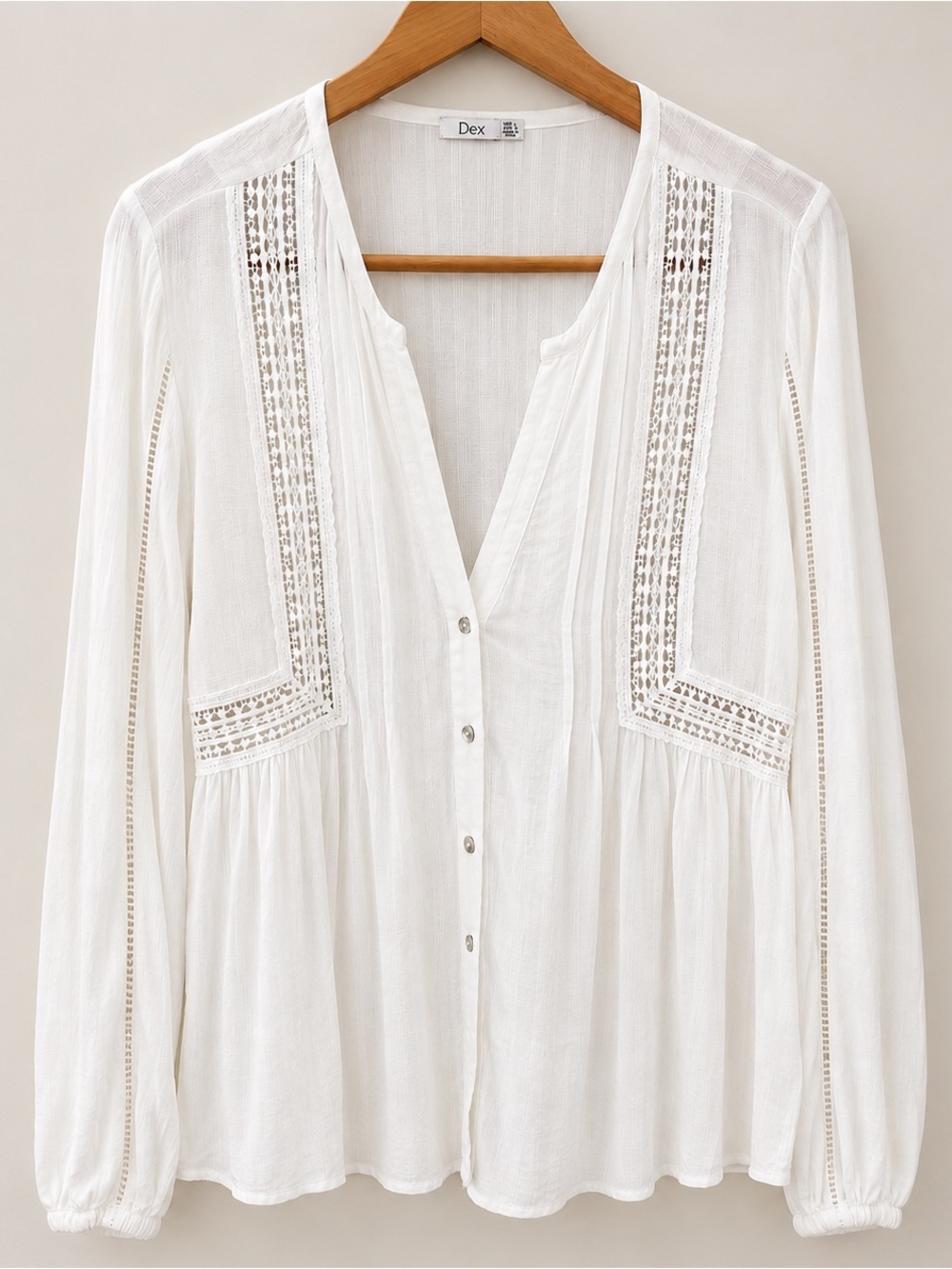 Dex White Lace Trim Button Front Boho Peasant Blouse Large - Picture 1 of 4